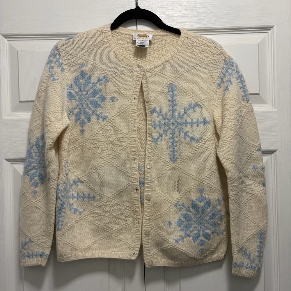 Talbots‎ Cream and Blue Snowflake Cardigan lambswool angora rabbit FLAWED